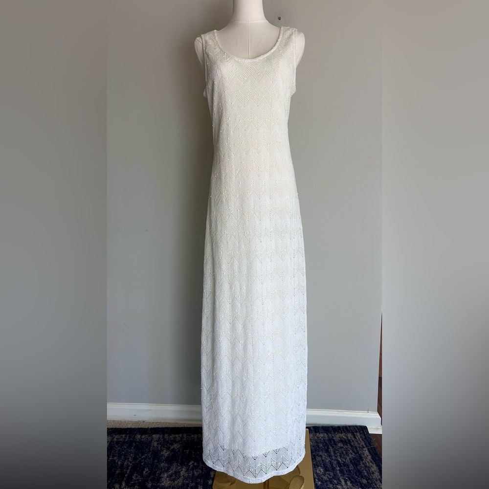 Y2K SHARAGANO NOIR Crochet Shimmer Scoop Neck Maxi Slip Dress 90s Boho Fairy 10 - Picture 3 of 15